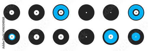 The modern collection of vinyl icons boasts a striking palette of black and blue tones on a pristine white background