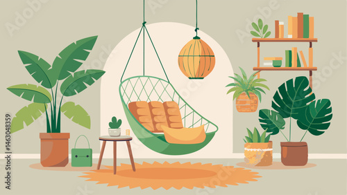 A reading nook with a hanging macrame chair surrounded by floor plants and tropical wall art.