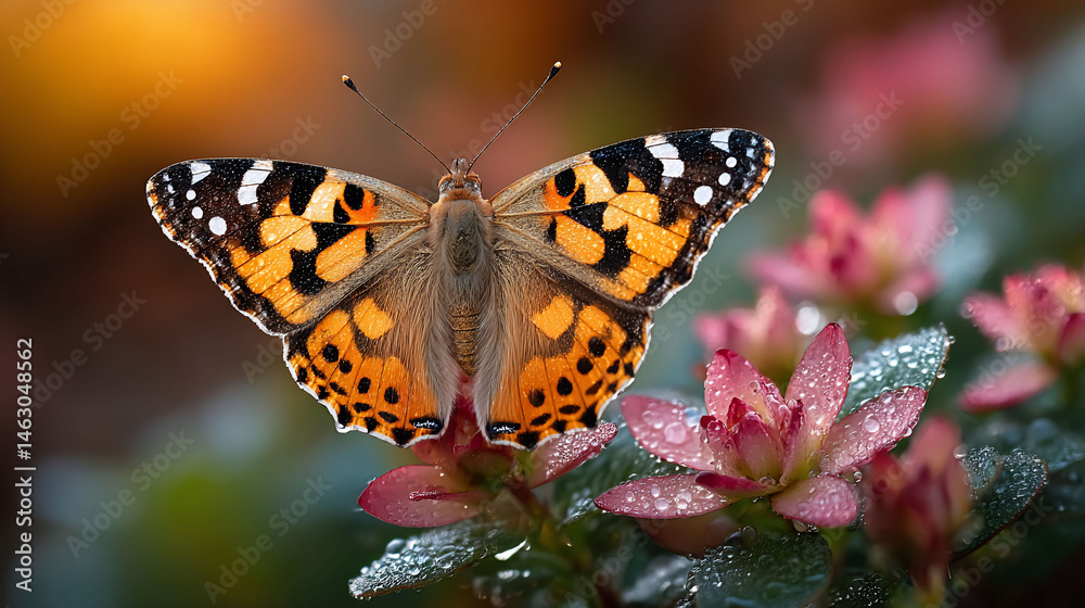 A beautiful butterfly with orange-black wings sits on vibrant pink blossoms, showcasing nature's art A beautiful butterfly with orange-black wings sits on vibrant pink blossoms, showcasing nature's art