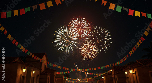 Noite festiva de São João em um arraial iluminado por fogueiras e luzes de cordão, com coloridos fogos de artifício explodindo no céu estrelado Festa Junina