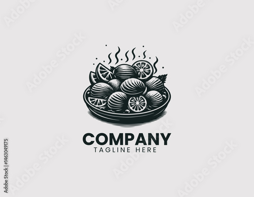 Flat vector logo of steamed clams with lemon slices on a plate. Colorful cartoon food illustration for seafood culinary branding and digital menu designs.