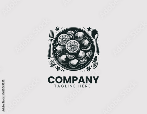 Flat vector logo of steamed clams with lemon slices on a plate. Colorful cartoon food illustration for seafood culinary branding and digital menu designs.