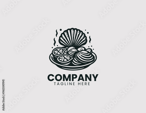 Vector logo illustration of steamed clams on a plate with lemon slices. Flat cartoon food design for seafood cuisine and restaurant branding.
