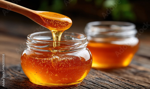 A close-up of honey pouring from a wooden spoon into a glass jar, golden