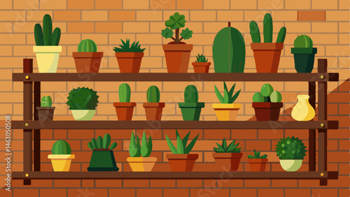 Rows of potted succulents and cacti displayed on wooden shelves against a brick wall.