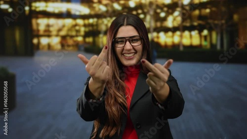 Hispanic woman smiling outdoors makes rude gesture on illuminated city street at night. photo