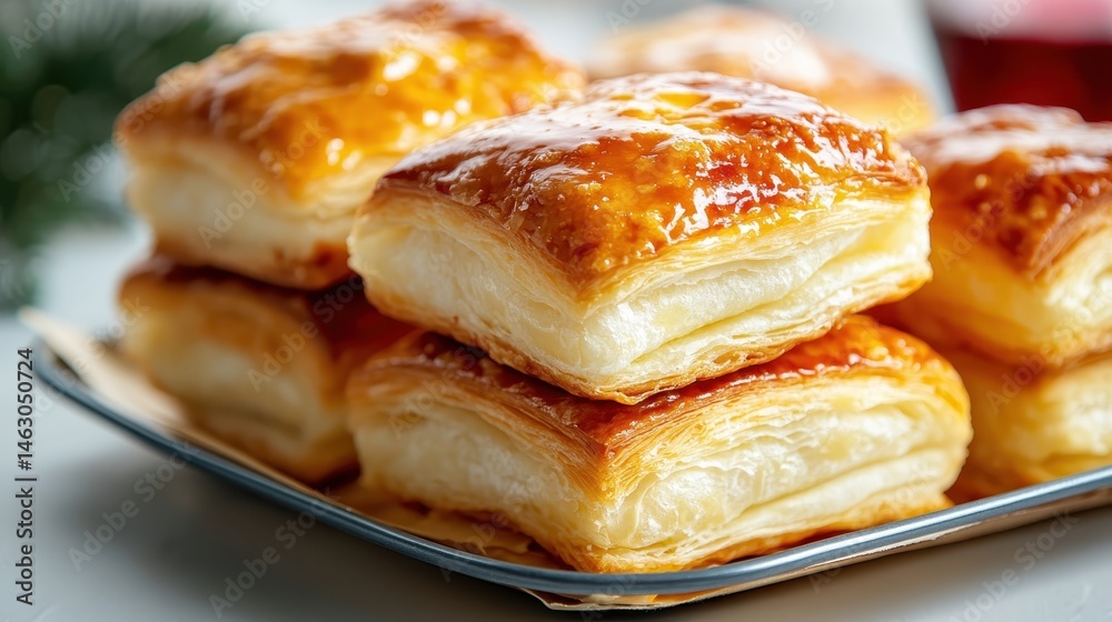 Delicious, golden layered puff pastries stacked neatly on a plate showcase culinary artistry, perfect for gourmet food photography and elegant dessert displays.
