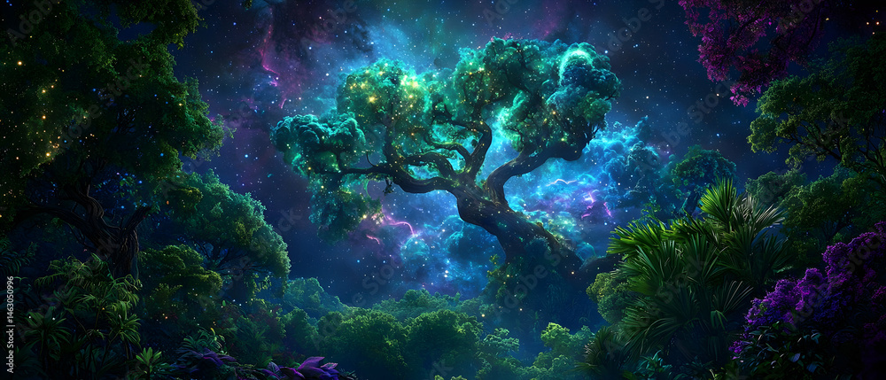 Fototapeta premium Glowing Trees In A Cosmic Forest At Night