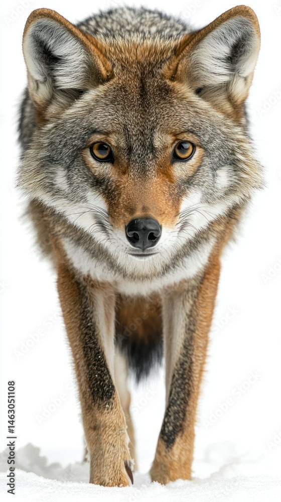 Fototapeta premium Striking coyote poses on snowy ground, staring forward