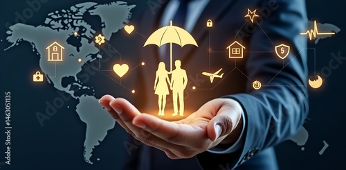 Protecting Lives Globally: A compelling visual of a hand cradling a family beneath an umbrella, set against a world map backdrop, signifying worldwide security, support, and peace of mind.