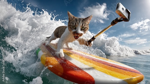 Cat surfing on colorful board in ocean waves captures action with camera under clear sky