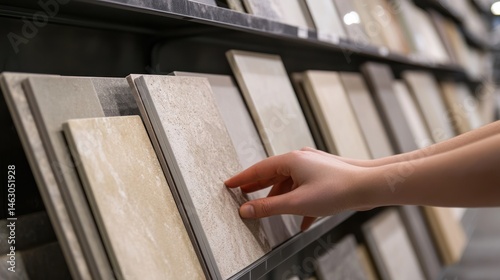 Selection Process of Ceramic Tile Samples Displayed on a Store Shelf for Interior Design