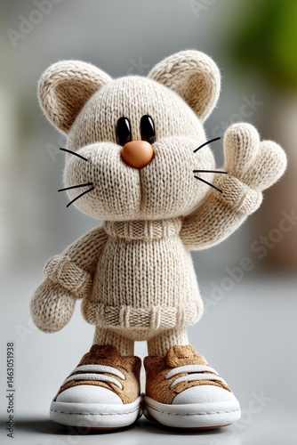 Cute knitted cat figurine in sweater with sneakers on gray background