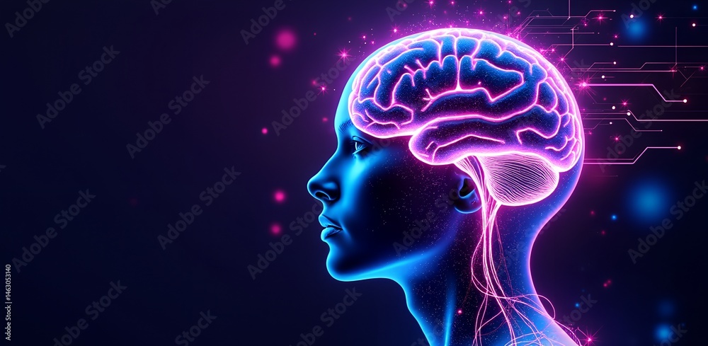 Obraz premium Human Brain: Neurological System: Profile view of a glowing human brain, highlighting intricate neural pathways and connections. The image symbolizes intelligence, cognitive function.