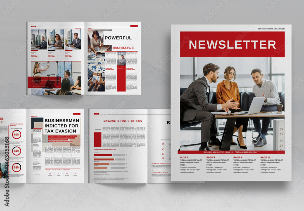 Newsletter Red Red Newsletter Brochure Layout Stock Template | Adobe Stock