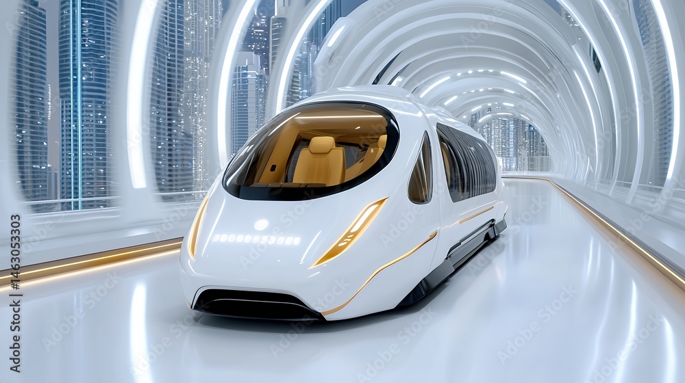 Fototapeta premium Futuristic White Train Moving Through A Brightly Lit Modern Transportation Tunnel