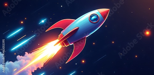 Soaring to the Cosmos: A vibrant rocket ship streaks across the star-studded expanse of the cosmos, leaving a trail of fiery brilliance in its wake.