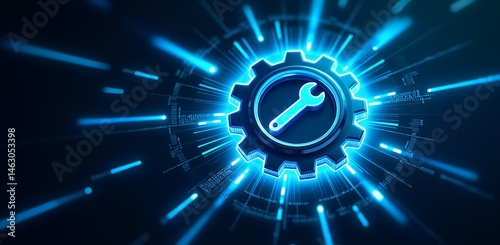 Engineering Excellence: A digital representation of gears, a wrench, and radiant energy. The image encapsulates concepts like technical proficiency, digital innovation, and repair