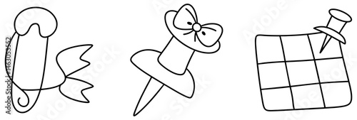 Illustration of safety pin, bow, and push pin on map location, showcasing various crafting tools and accessories