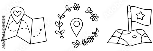 Explore map location with heart marker surrounded by flowers and flag, symbolizing adventure and discovery