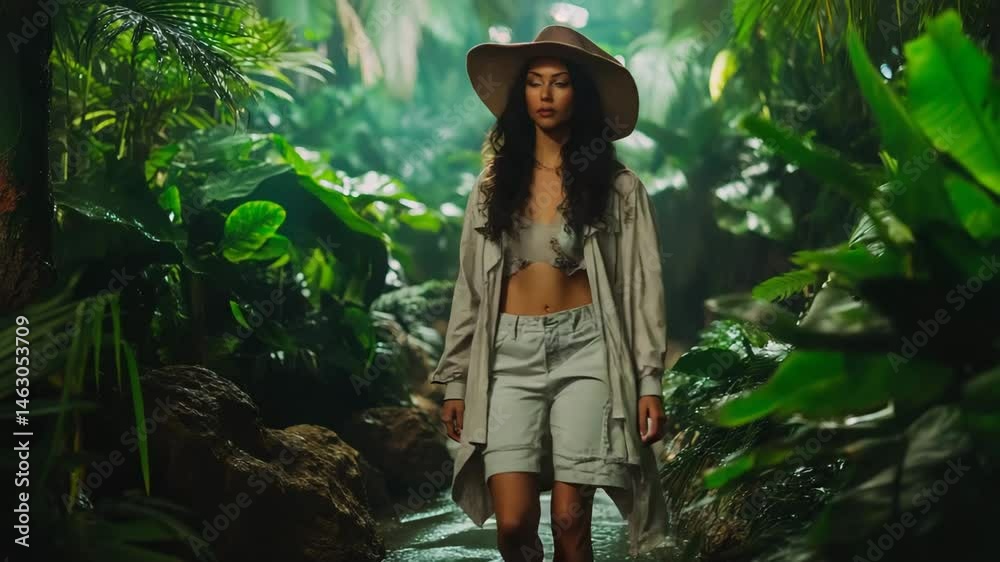 Fashion model jungle tropical style woman hat walking nature outdoor adventure photoshoot vogue beauty