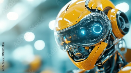 A close-up of a futuristic robot’s face, featuring glossy materials and bright LED lights, exemplifying advanced technology and artistic ingenuity with a modern flair.