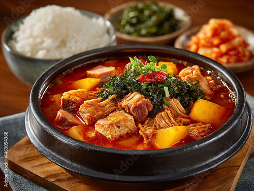 A savory Korean stew with meat, vegetables and rice. Side dishes complement the main dish