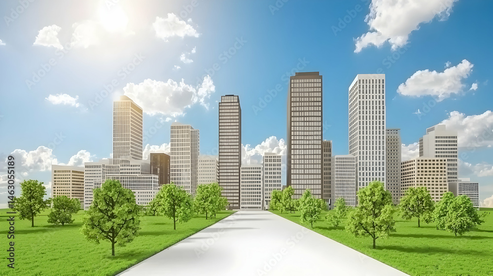 Fototapeta premium Green city road leading to skyscrapers under sunny sky. Ideal for urban development, sustainability, and real estate marketing
