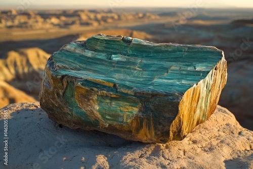 An impressive blue-green petrified wood piece atop a weathered sandstone formation in a desert landscape during the evening.