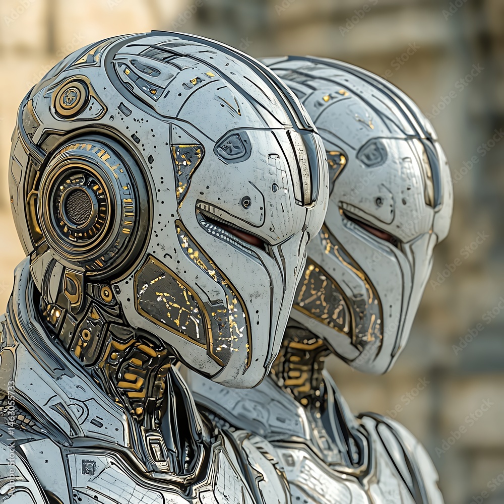 Obraz premium Two Futuristic White Helmets with Gold Detailing Against Stone Background