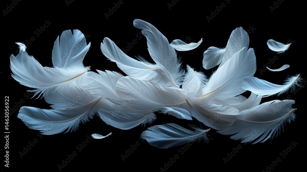 Fototapeta premium Delicate white feathers in motion against a dark background