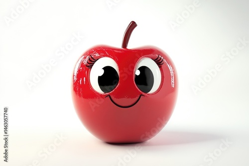 A glossy, vibrant red apple character smiles sweetly with large eyes and long lashes against a crisp white background.