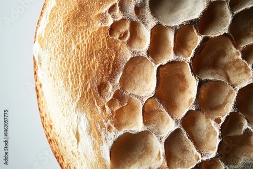 Close-up shows the surface of a slice of moldy bread, displaying a honeycomb-like structure and powdery mildew texture.