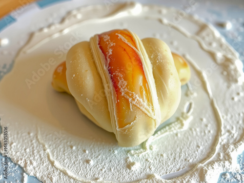 A pastry with a brown stripe on it sits on a white plate. The pastry is covered in powdered sugar