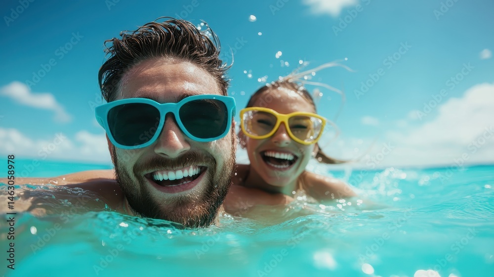 Fototapeta premium A cheerful couple splashes in bright blue water, radiating joy and love, perfect for summer memories, vacations, and happy adventures together under the sun.
