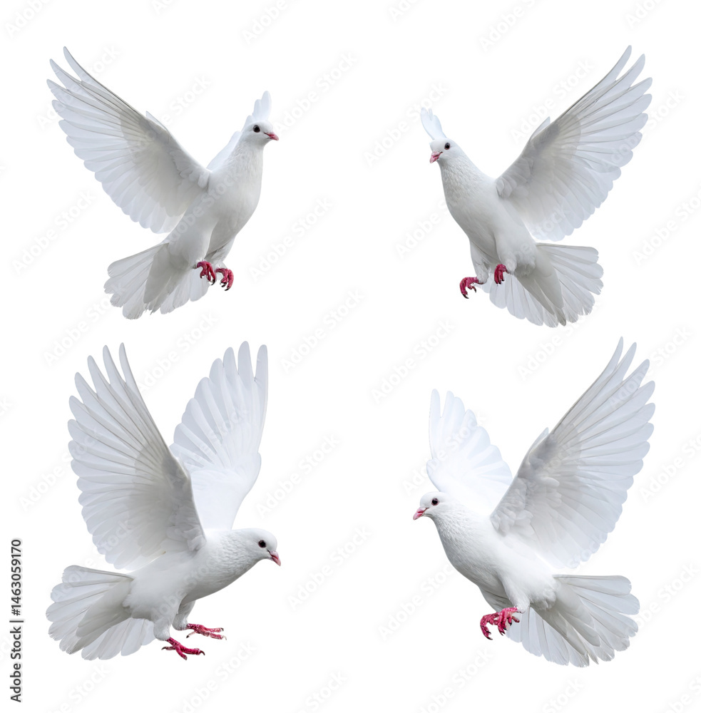 Obraz premium Majestic White Doves Symbolizing Peace and Freedom in Flight, Isolated on Transparent Background