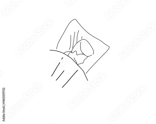 Minimalist line art of a person sleeping peacefully in bed with a pillow and blanket. Simple and clean design on a white background