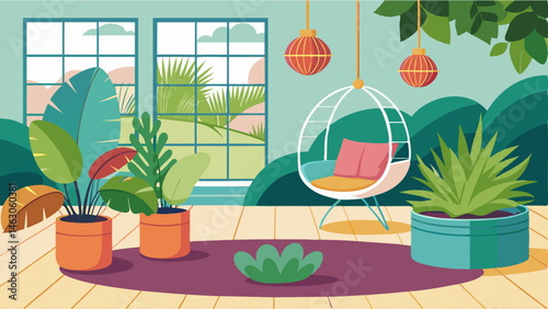 A sunroom with a variety of potted plants a hanging swing chair and colorful floor cushions.