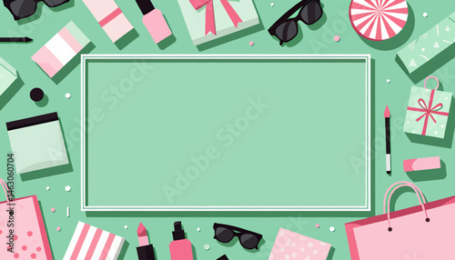 Stylish Flat Lay with Cosmetics_Gifts_and_Shopping_Bags_on_Mint_Background_Perfect_for_Beauty_Fashion_and_Lifestyle_Promotions_Add_Your_Text