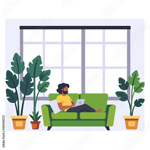 Work_From_Home_Concept Man_Relaxing_on_Couch_with_Laptop_in_Bright_Living_Room_Surrounded_by_Plants_Remote_Work_Lifestyle_Digital_Nomad_Cozy_Home_Office_Productivity