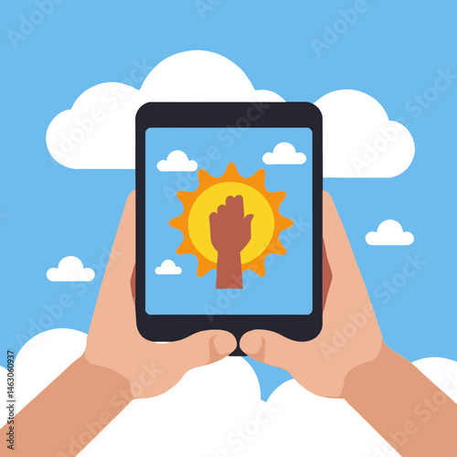 Empowering Digital Solidarity_Hands Holding Phone with Solidarity Fist on Sun Background_Online Activism and Community Support_Digital Illustration