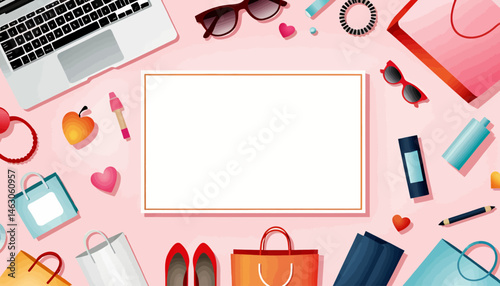 Fashion Blog Flat Lay with Laptop Shopping Bags Sunglasses Makeup and Blank Frame for Text_Stylish Online Shopping Concept with Pink Background_Ideal for Social Media Marketing