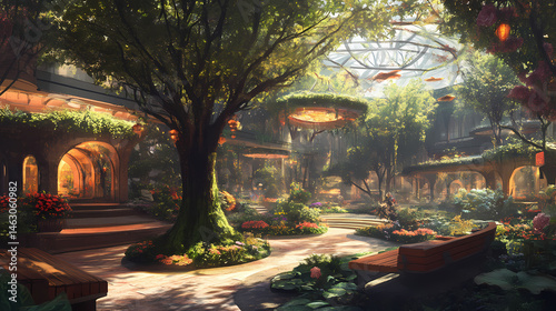 Beautiful landscaping featuring trees, benches, and garden elements. [Architectural Dreams] | Floating Pavillions | drifting atrium. Illustration