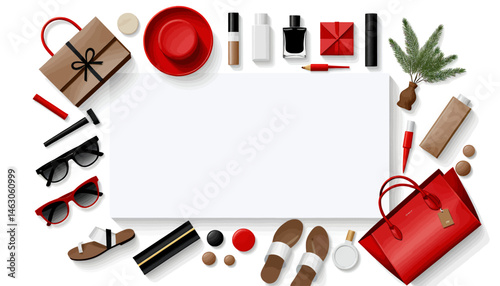 Flat Lay of Fashion Accessories with Copy Space_Luxury Gifts_Sunglasses_Cosmetics and Trendy Handbag_Perfect for Lifestyle Blogs and Social Media