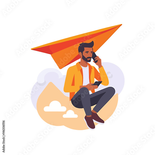 Man on Cloud with Paper Airplane Talking on Phone_Mobile Communication Concept_Business and Technology_Illustration of Remote Work and Entrepreneurship