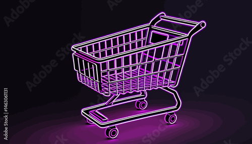 Neon Purple Shopping Cart_Online Retail Concept_E Commerce Symbol_Modern Business Illustration_Groceries and Consumerism_Digital Marketplace_Checkout Ready_Shiny Design