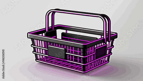 Neon Purple Shopping Basket_Retail Container with Handle_Modern Grocery Basket_Stylized Shopping_Unique Design Basket_Conceptual Shopping Cart_Futuristic Retail_Shop Supplies