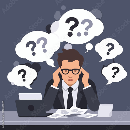Overwhelmed Businessman with Questions_Confusion_Problem Solving_Decision Making_Illustration_Stressed Man at Desk_Anxiety_Doubt_Business Challenges