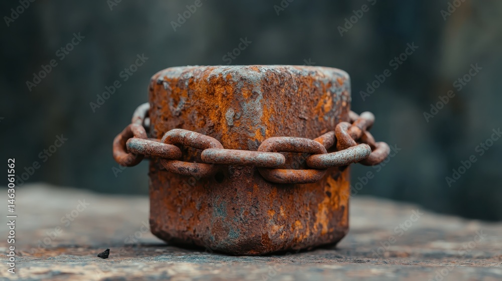 A weathered, rusted block bound by a chain represents resilience and the passage of time, making it a powerful visual for themes of struggle, endurance, and history in art. A weathered, rusted block bound by a chain represents resilience and the passage of time, making it a powerful visual for themes of struggle, endurance, and history in art.
