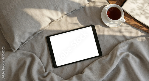 Tablet mockup on a comfortable bed with soft linens  